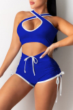 Blue Sexy Casual Solid Hollowed Out V Neck Sleeveless Two Pieces