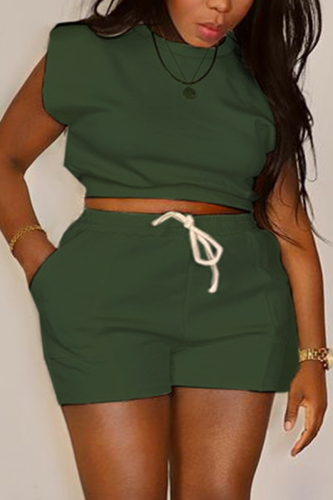 Green Casual Solid Patchwork O Neck Sleeveless Two Pieces