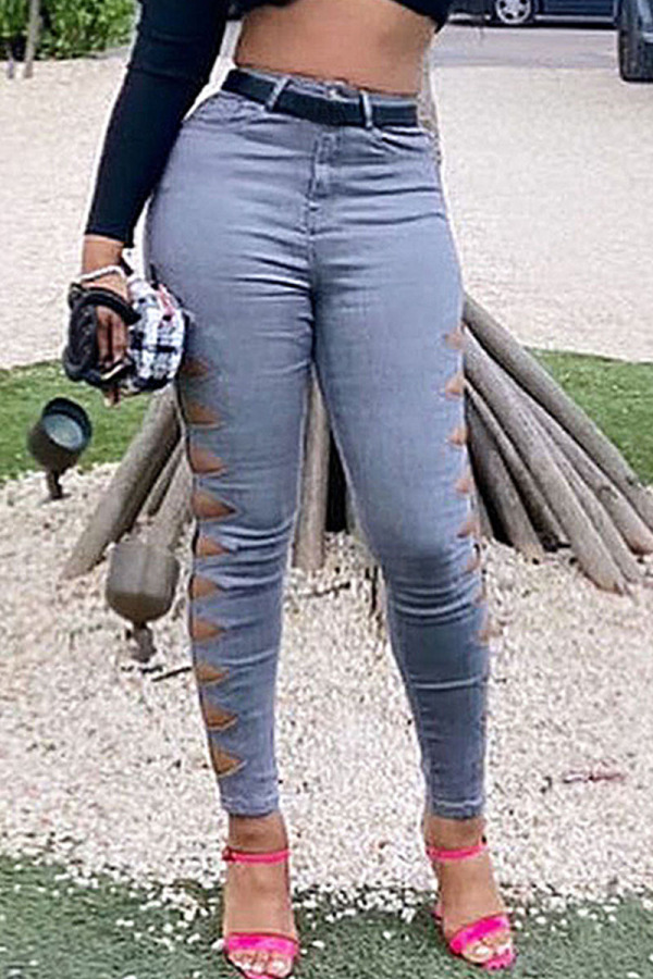 Grey Sexy Solid Patchwork Skinny Mid Waist Pencil Solid Color Bottoms