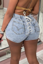 Blue Casual Solid Draw String Skinny Denim Shorts