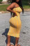 Yellow Fashion Sexy Striped Print Backless Strapless Sleeveless Dress
