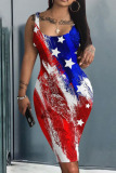 Dark Gray Casual American Flag Stars Print U Neck Sleeveless Pencil Skirt Wrap Midi Dress