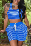 Blue Fashion Casual Striped Print Vests U Neck Sleeveless Two Pieces