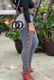 Grey Sexy Solid Patchwork Skinny Mid Waist Pencil Solid Color Bottoms