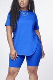 Blue Casual Solid Draw String O Neck Short Sleeve Two Pieces