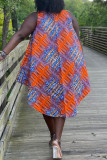 Orange Fashion Casual Plus Size Print Basic V Neck Vest Dress
