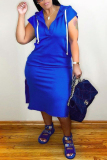 Blue Fashion Casual Plus Size Solid Slit Hooded Collar Short Sleeve Dress