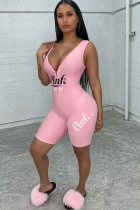 Pink Fashion Sexy zipper letter Print Sleeveless V Neck Rompers