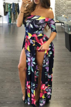 Deep Blue Sexy Print Patchwork Slit Off the Shoulder Straight Dresses