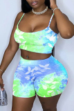 Green Casual Print Split Joint U Neck Plus Size Two Pieces