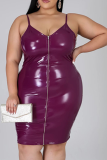 Pink Sexy Solid Split Joint Spaghetti Strap Pencil Skirt Plus Size Dresses
