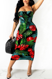 Red Green Sexy Print Patchwork Spaghetti Strap Pencil Skirt Dresses