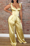 Yellow Sexy Casual Solid Bandage Backless Spaghetti Strap Regular Jumpsuits