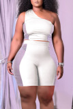 White Casual Solid Patchwork See-through Oblique Collar Sleeveless Two Pieces