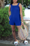 Blue Sexy Casual Solid Backless Spaghetti Strap Regular Romper