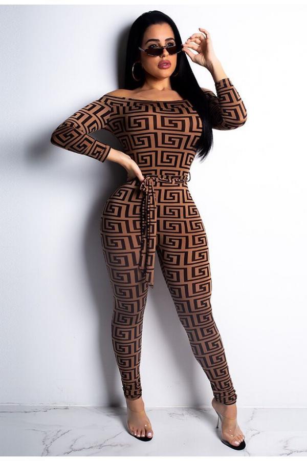 

Brown Sexy Fashion bandage Asymmetrical Solid Geometric Long Sleeve one word collar Jumpsuits