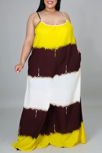 Yellow Fashion Casual Print Backless Spaghetti Strap Plus Size Jumpsuits