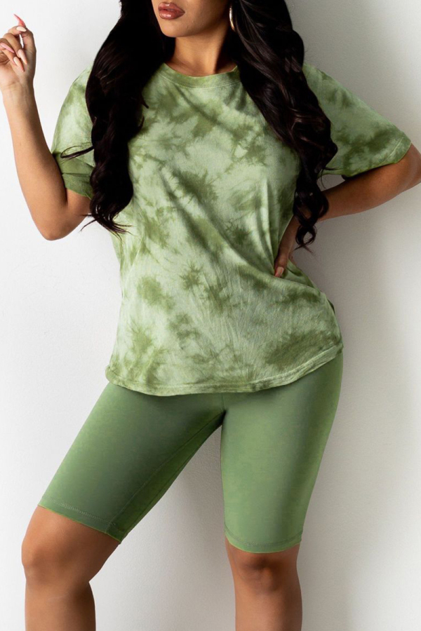 Ink Green Fashion Casual Print Basic O Neck Short Sleeve Two Pieces