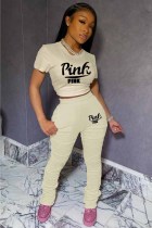 Beige adult Sexy Fashion Print Two Piece Suits Patchwork Letter pencil Short Sleeve 