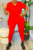 Red Casual Solid Patchwork V Neck Plus Size Two Pieces