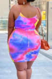 Pink Yellow Casual Print Patchwork Draw String Fold Spaghetti Strap Pencil Skirt Plus Size Dresses
