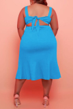Light Blue Casual Solid Patchwork O Neck Trumpet Mermaid Plus Size Dresses