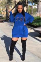 Blue Fashion adult Casual Bat sleeve Long Sleeves Hooded Pencil Dress Mini Embroidery Patchwork