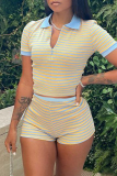 Yellow Fashion Casual Striped Print Turndown Collar Short Sleeve Two Pieces