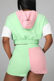 Pink Green Casual Color Block Patchwork Hooded Collar Short Sleeve Two Pieces