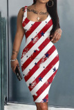 White Casual American Flag Stars Print U Neck Sleeveless Pencil Skirt Wrap Midi Dress