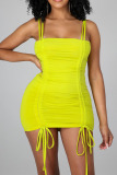Fluorescent Yellow Sexy Solid Patchwork Frenulum Fold Spaghetti Strap Pencil Skirt Dresses