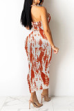 Orange Fashion Sexy Print Backless Halter Sleeveless Dress