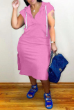 Pink Fashion Casual Plus Size Solid Slit Hooded Collar Short Sleeve Dress