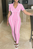 Pink Sexy Solid Patchwork Turndown Collar Skinny Jumpsuits