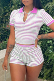 Pink Fashion Casual Striped Print Turndown Collar Short Sleeve Two Pieces