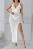 White Sexy Solid Patchwork Spaghetti Strap Irregular Dress Dresses