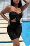 Black Fashion Sexy Solid Hollowed Out Backless Strapless Sleeveless Dress