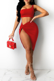 Red Fashion Sexy Solid Slit One Shoulder Sleeveless Two Pieces