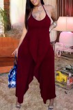 Burgundy Fashion Sexy Solid Patchwork Backless Spaghetti Strap Regular Jumpsuits