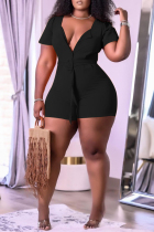 Black Fashion Casual Solid With Belt V Neck Plus Size Romper