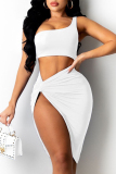 Black Fashion Sexy Solid Slit One Shoulder Sleeveless Two Pieces