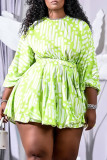 Light Green Fashion Casual Plus Size Print Basic O Neck Long Sleeve Dresses
