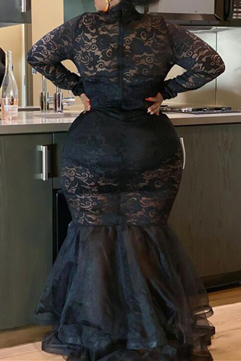 Fashion Black Fashion Sexy Plus Size Solid Patchwork See Through O Neck Long Sleeve Dresses For 4898