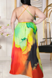 Yellow Red Casual Tie Dye Patchwork Frenulum V Neck Sling Dress Plus Size Dresses