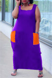 Purple Fashion Casual Plus Size Patchwork Pocket Square Collar Vest Dress