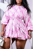 Pink Fashion Casual Plus Size Print Basic O Neck Long Sleeve Dresses