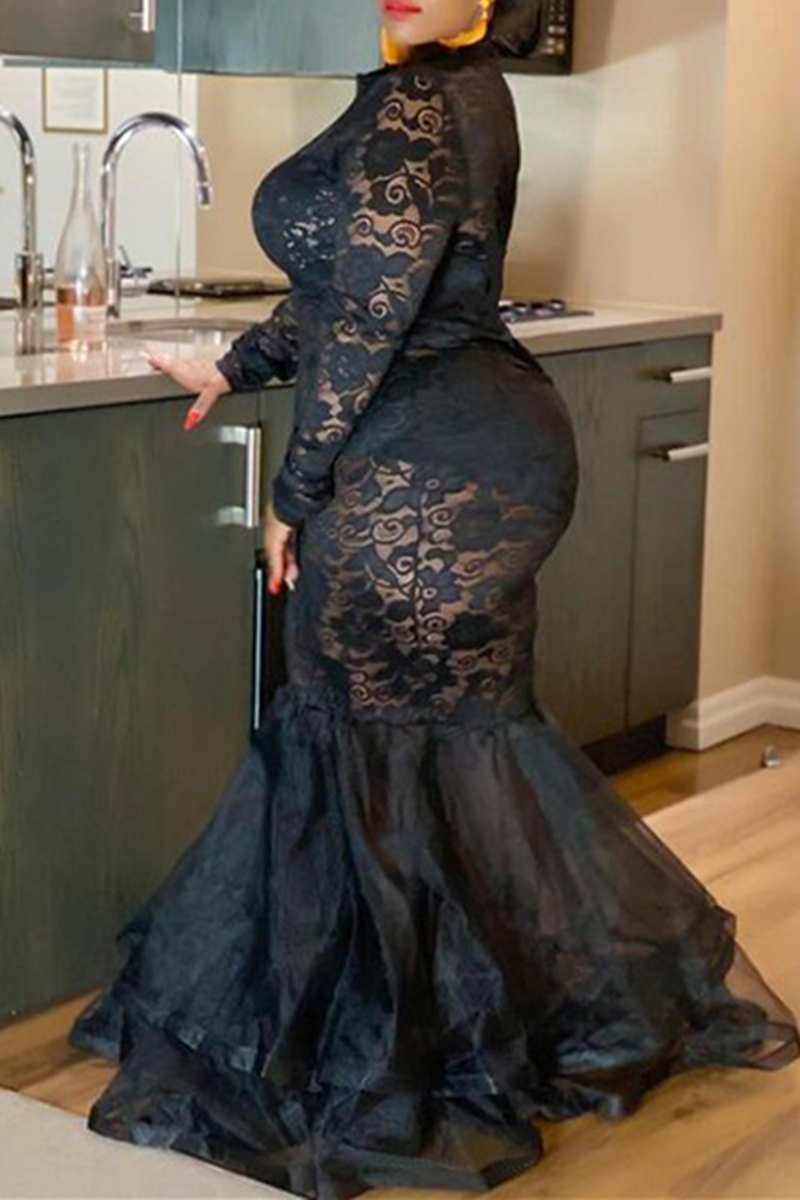 Fashion Black Fashion Sexy Plus Size Solid Patchwork See Through O Neck Long Sleeve Dresses For 1522