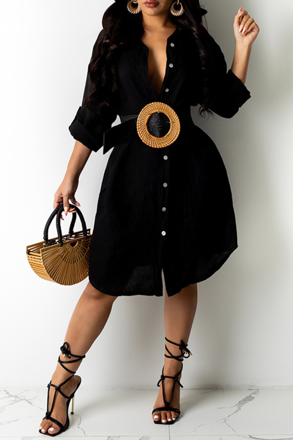 Black Fashion Casual Solid Without Belt Turndown Collar Shirt Dress