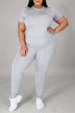 Grey Fashion Casual Solid Basic O Neck Plus Size Two Pieces