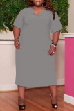 Grey Fashion Casual Plus Size Solid Ripped Hooded Collar Short Sleeve Dress